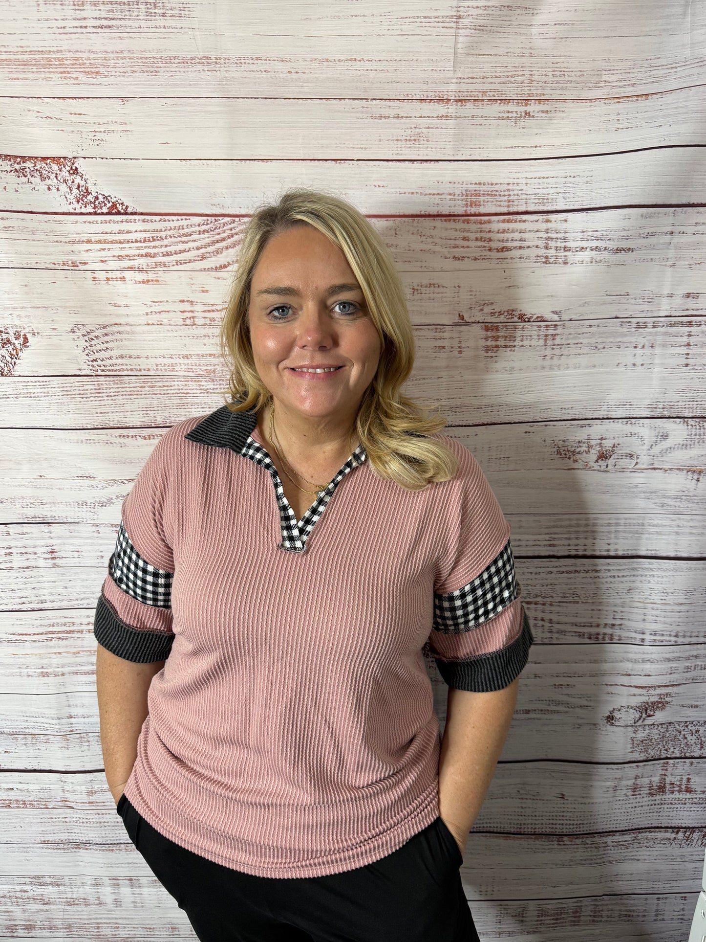 Heimish- Mauve Checkered Collar Top